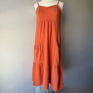 Sweet Rain Orange Rust Gauze Summer Tiered Sleeveless Maxi Dress with Pockets